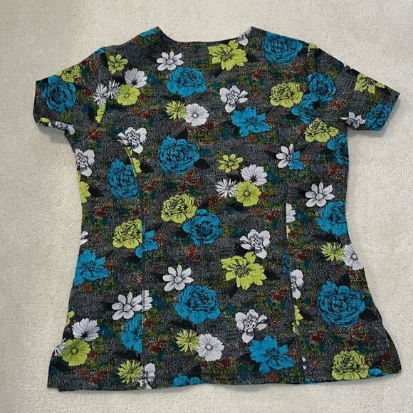 Dickies Womens Medical Scrub Top Flowers Green Blue Front Pockets Mock Wrap SZ M - Picture 7 of 8